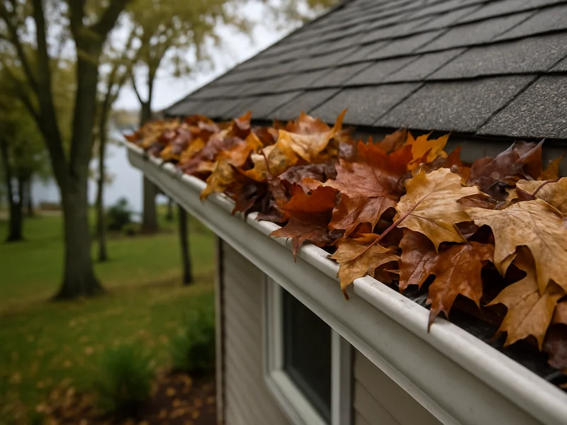 Clogged gutter full of wet leaves before cleaning near Sheboygan, WI