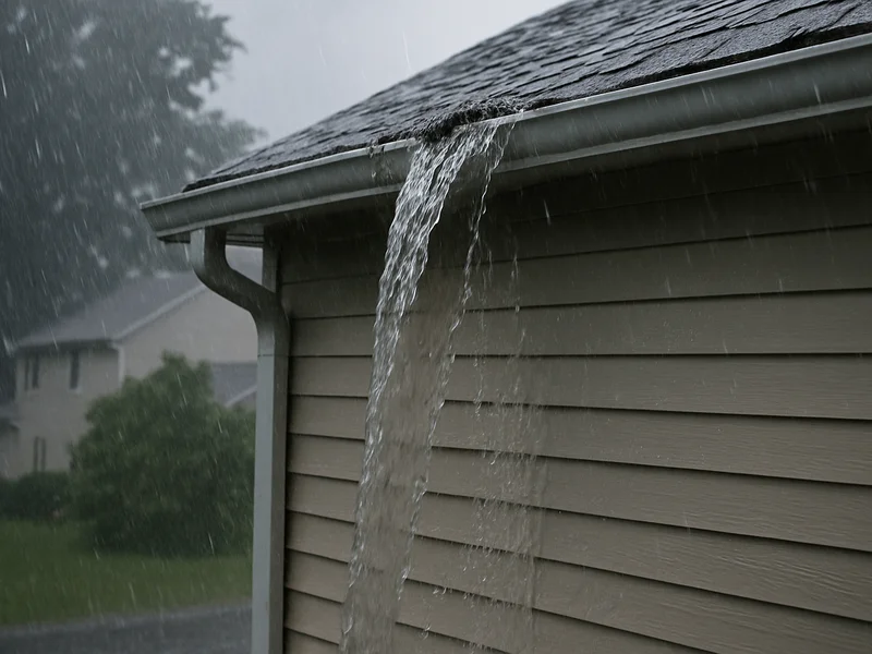 Water overflowing from a clogged gutter down the side of a house