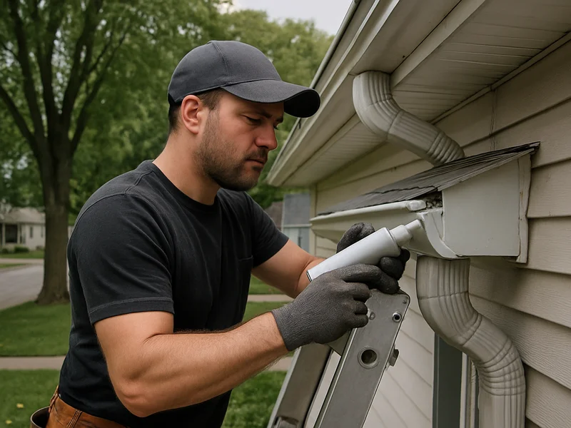 Technician repairing a gutter on a home in Plymouth, WI