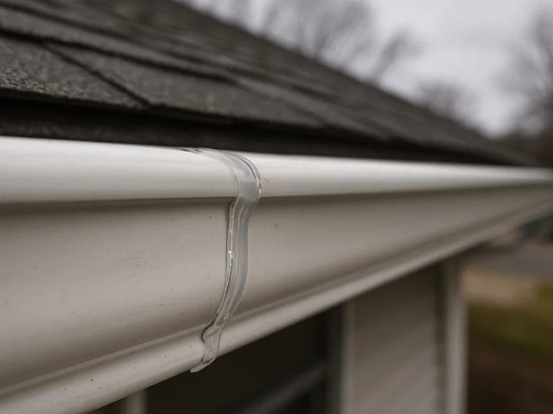 Close-up of a repaired and resealed gutter seam near Sheboygan, WI